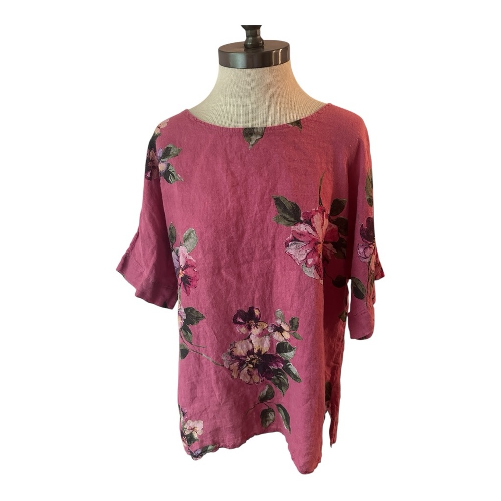 Floral Pink Linen Women's Top Made in Italy